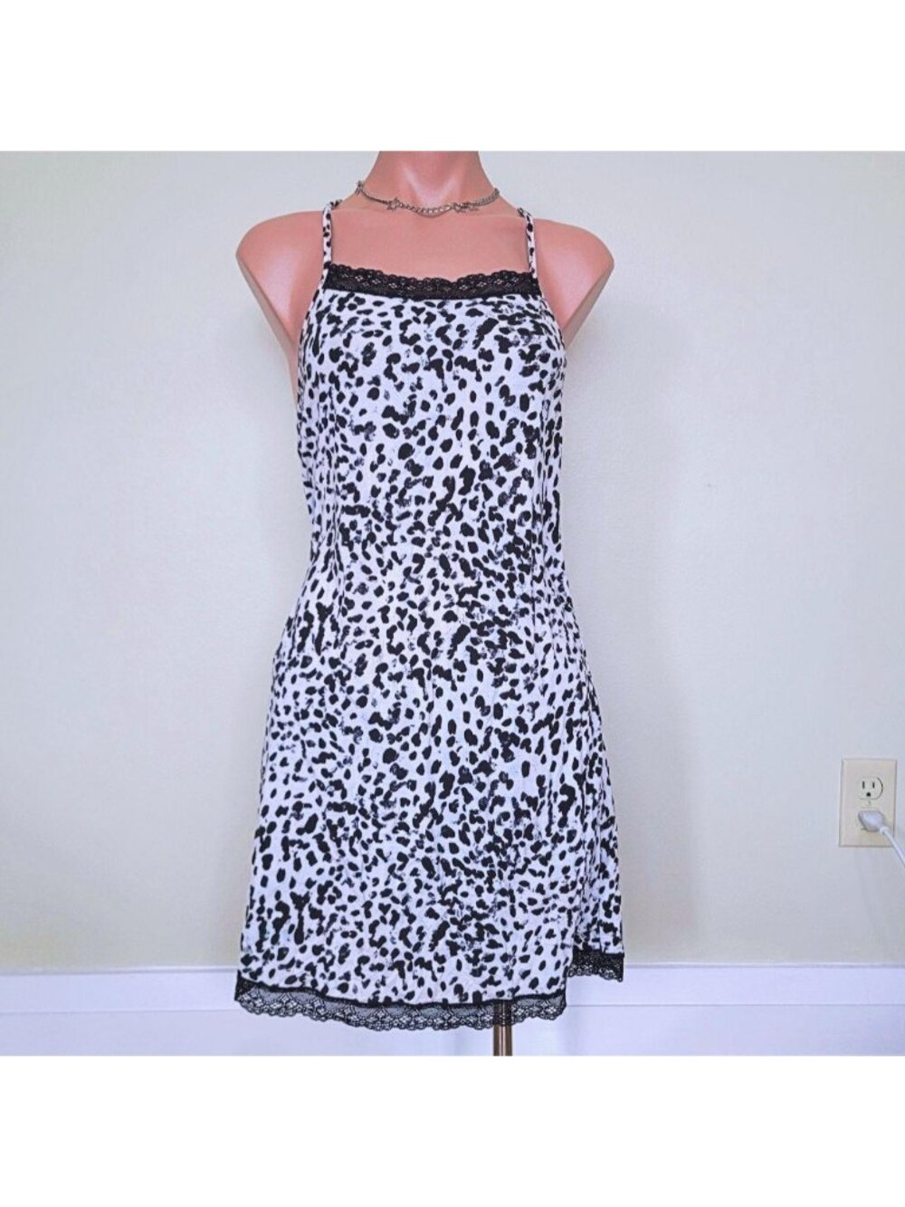 Cosabella Vampy Leopard Print Monochrome Sheer Lace Mini Dress (M)